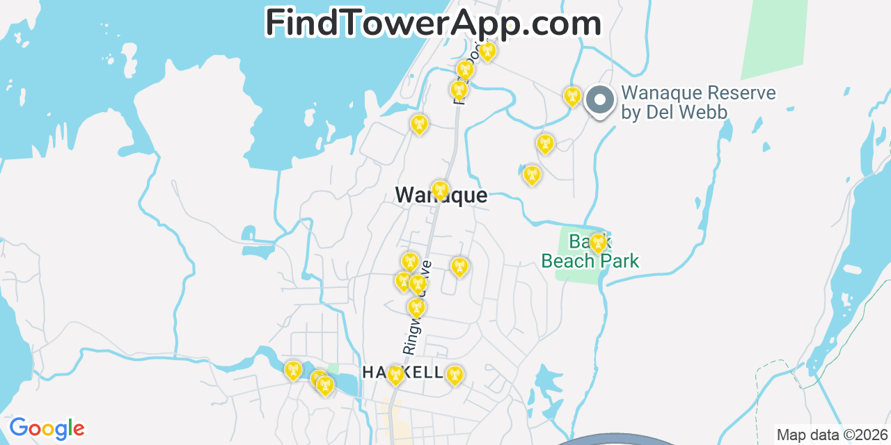 Map showing the 20 primary cell tower locations detected in Wanaque, New Jersey from AT&T, Verizon, and T-Mobile networks