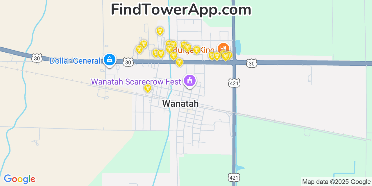 Map showing the 20 primary cell tower locations detected in Wanatah, Indiana from AT&T, Verizon, and T-Mobile networks
