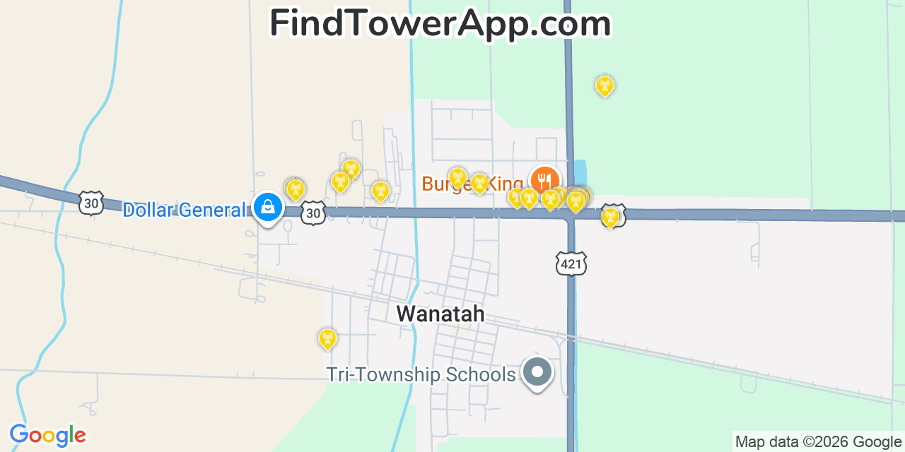 Map showing the 20 primary cell tower locations detected in Wanatah, Indiana from AT&T, Verizon, and T-Mobile networks