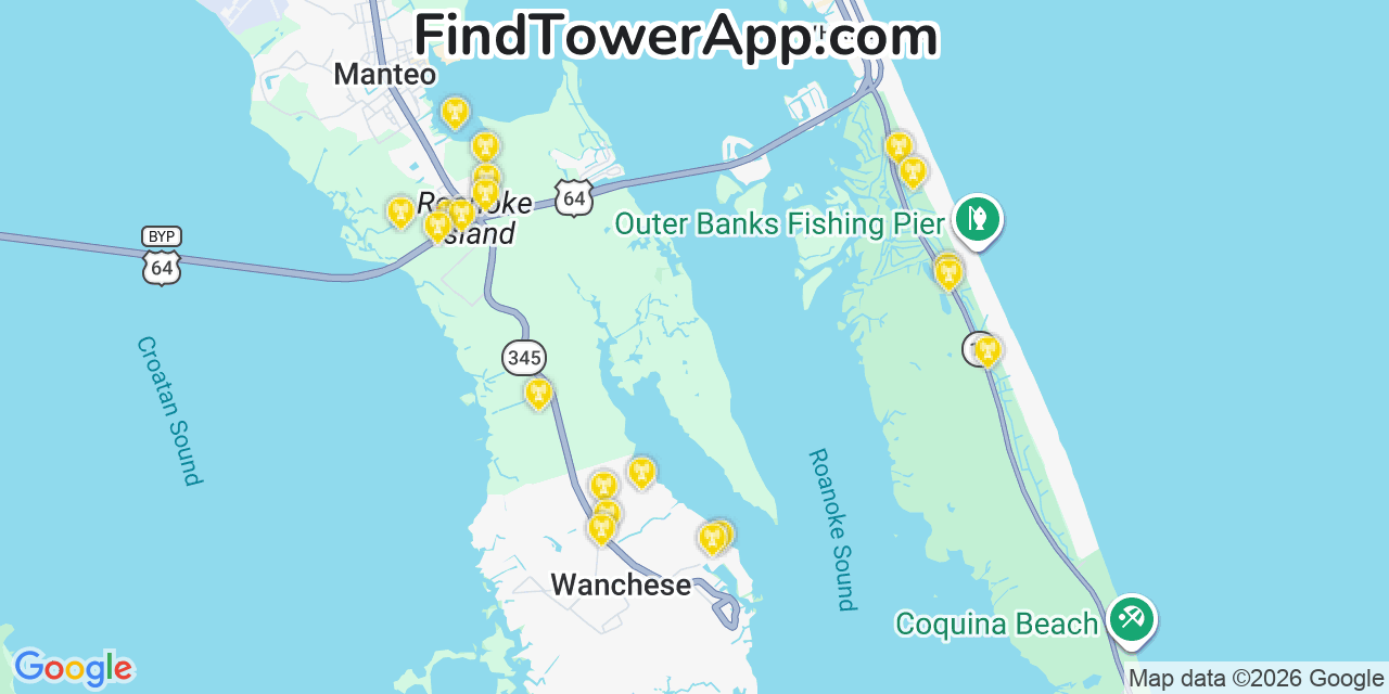 Map showing the 20 primary cell tower locations detected in Wanchese, North Carolina from AT&T, Verizon, and T-Mobile networks