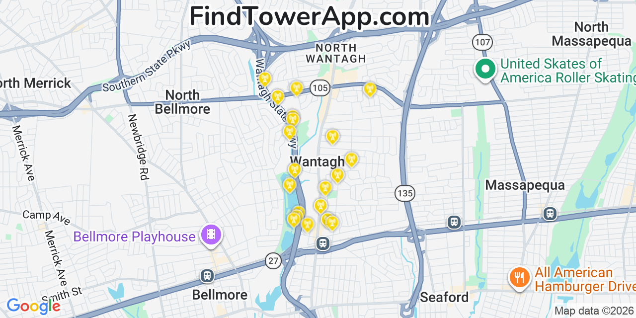 Map showing the 20 primary cell tower locations detected in Wantagh, New York from AT&T, Verizon, and T-Mobile networks