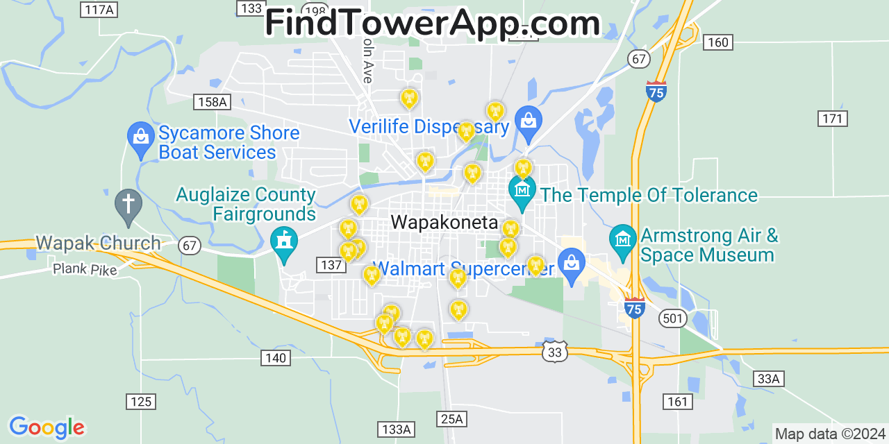 AT&T 4G/5G cell tower coverage map Wapakoneta, Ohio