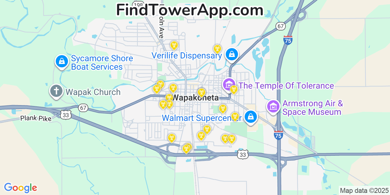 Map showing the 20 primary cell tower locations detected in Wapakoneta, Ohio from AT&T, Verizon, and T-Mobile networks