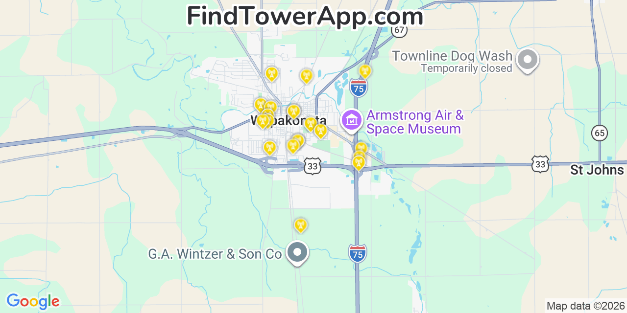 Map showing the 20 primary cell tower locations detected in Wapakoneta, Ohio from AT&T, Verizon, and T-Mobile networks