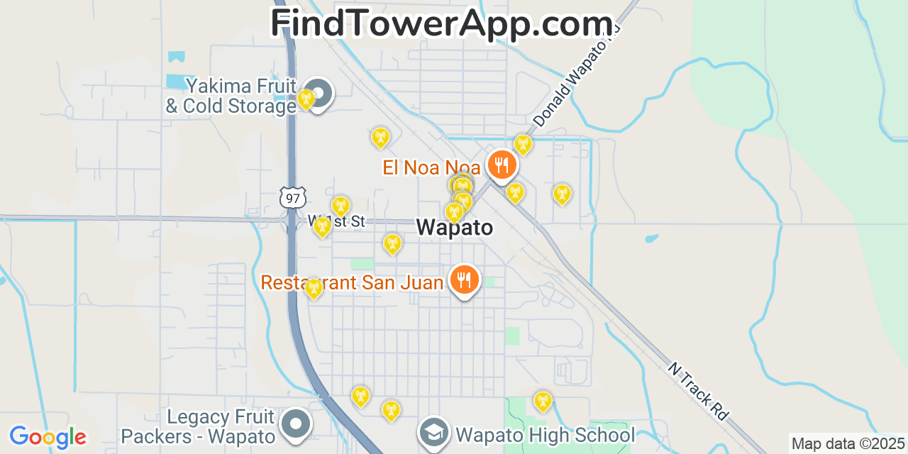 Map showing the 20 primary cell tower locations detected in Wapato, Washington from AT&T, Verizon, and T-Mobile networks
