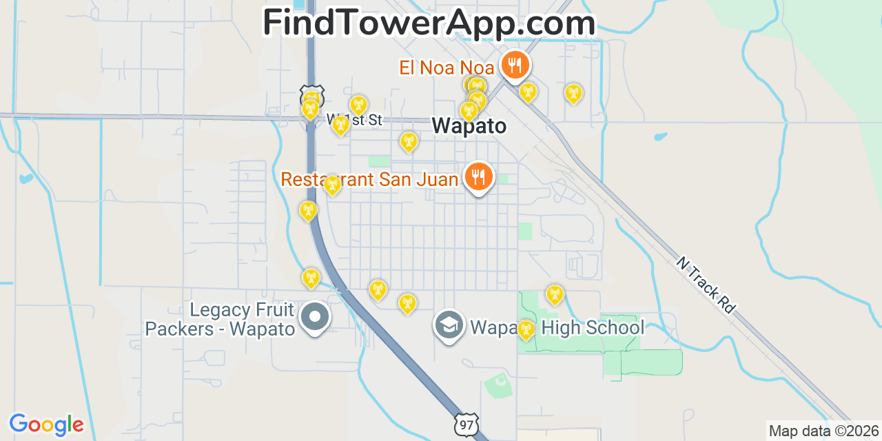 Map showing the 20 primary cell tower locations detected in Wapato, Washington from AT&T, Verizon, and T-Mobile networks
