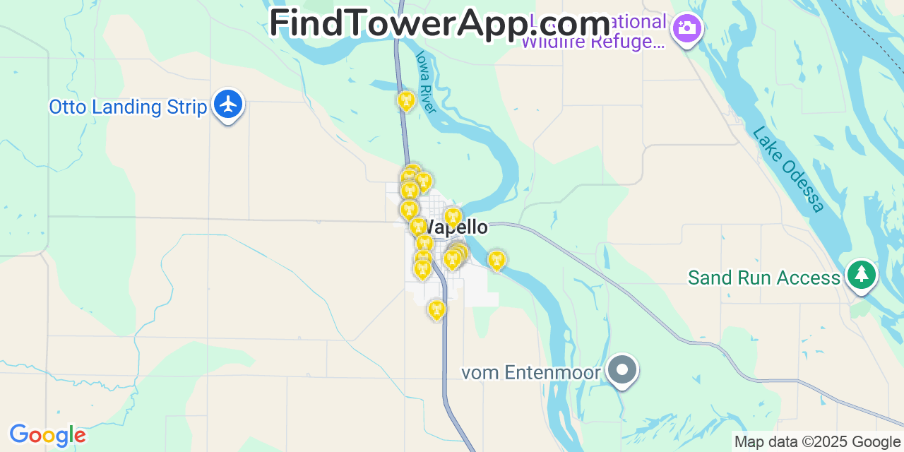 Map showing the 20 primary cell tower locations detected in Wapello, Iowa from AT&T, Verizon, and T-Mobile networks