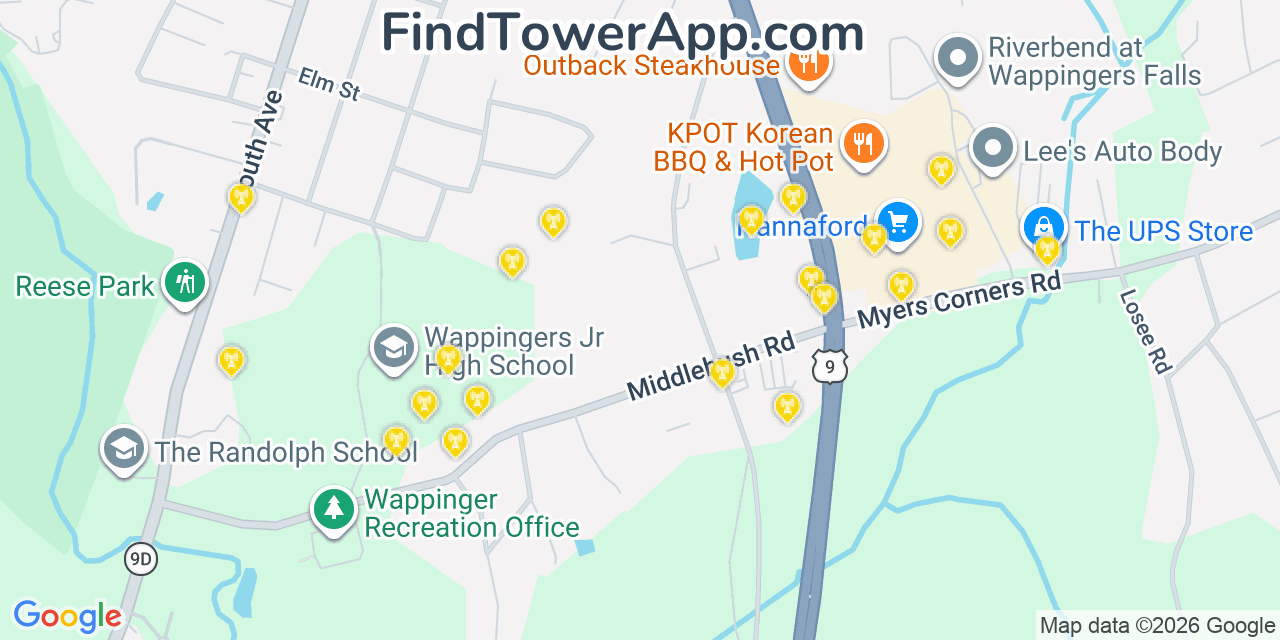 Map showing the 20 primary cell tower locations detected in Wappingers Falls, New York from AT&T, Verizon, and T-Mobile networks