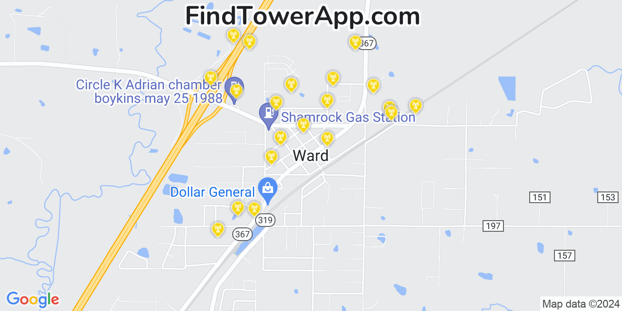 AT&T 4G/5G cell tower coverage map Ward, Arkansas