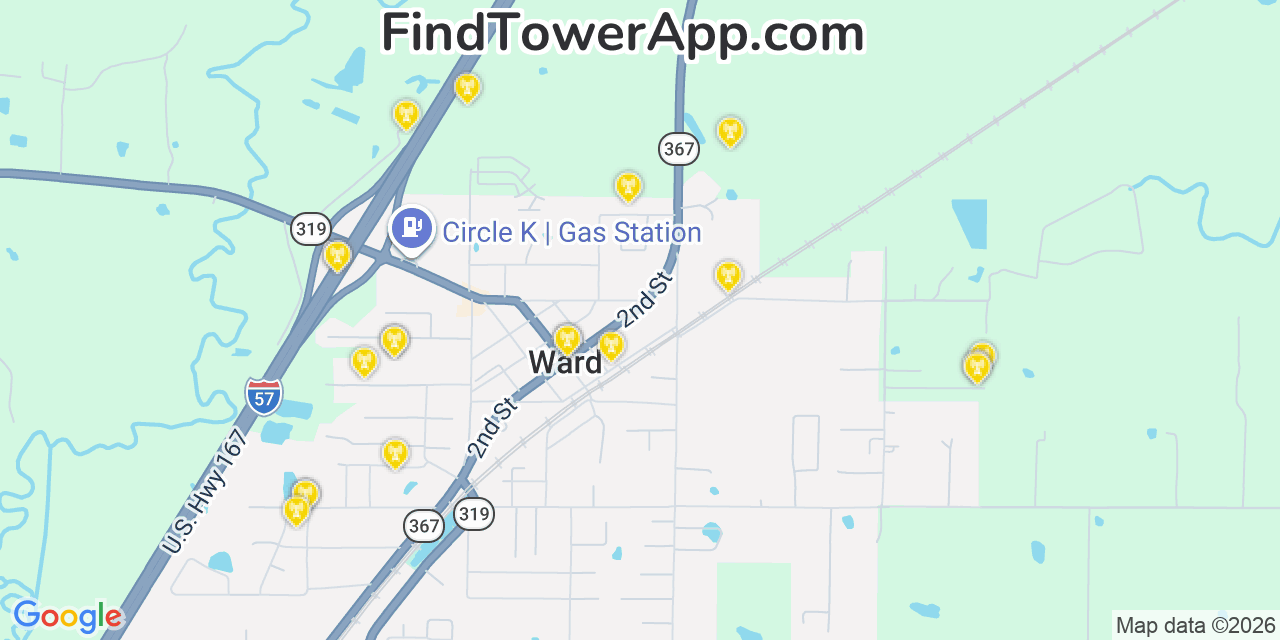 Map showing the 20 primary cell tower locations detected in Ward, Arkansas from AT&T, Verizon, and T-Mobile networks