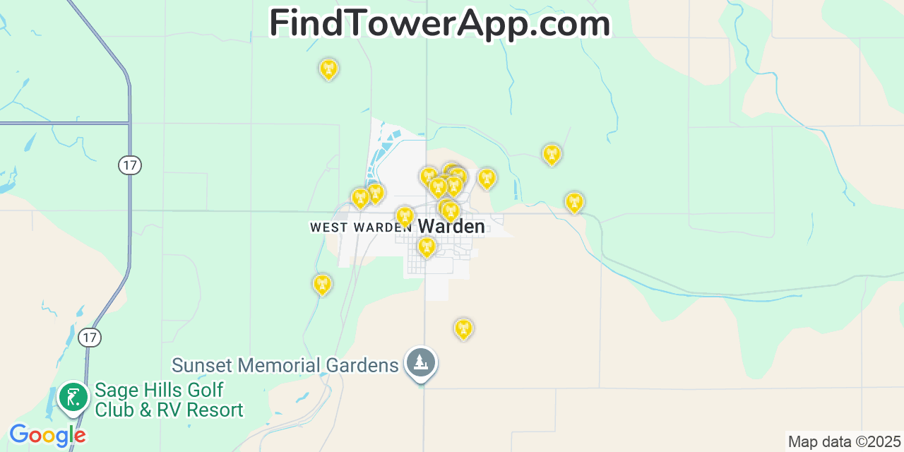 Map showing the 20 primary cell tower locations detected in Warden, Washington from AT&T, Verizon, and T-Mobile networks