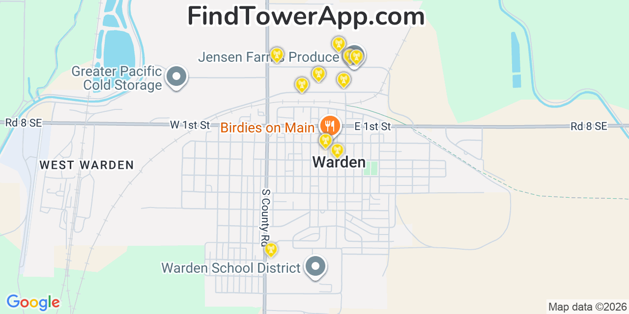 Map showing the 20 primary cell tower locations detected in Warden, Washington from AT&T, Verizon, and T-Mobile networks