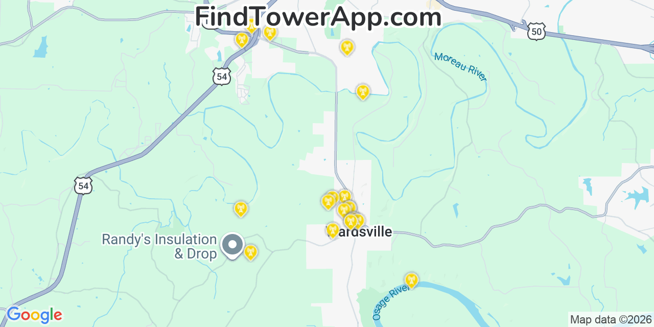 Map showing the 20 primary cell tower locations detected in Wardsville, Missouri from AT&T, Verizon, and T-Mobile networks