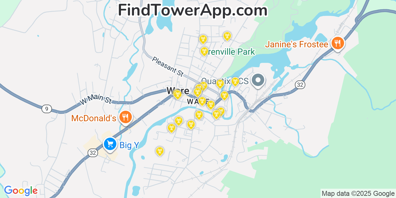 Map showing the 20 primary cell tower locations detected in Ware, Massachusetts from AT&T, Verizon, and T-Mobile networks