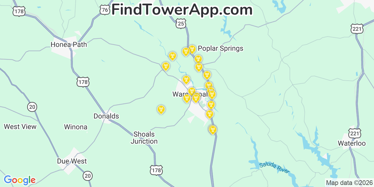 Map showing the 20 primary cell tower locations detected in Ware Shoals, South Carolina from AT&T, Verizon, and T-Mobile networks
