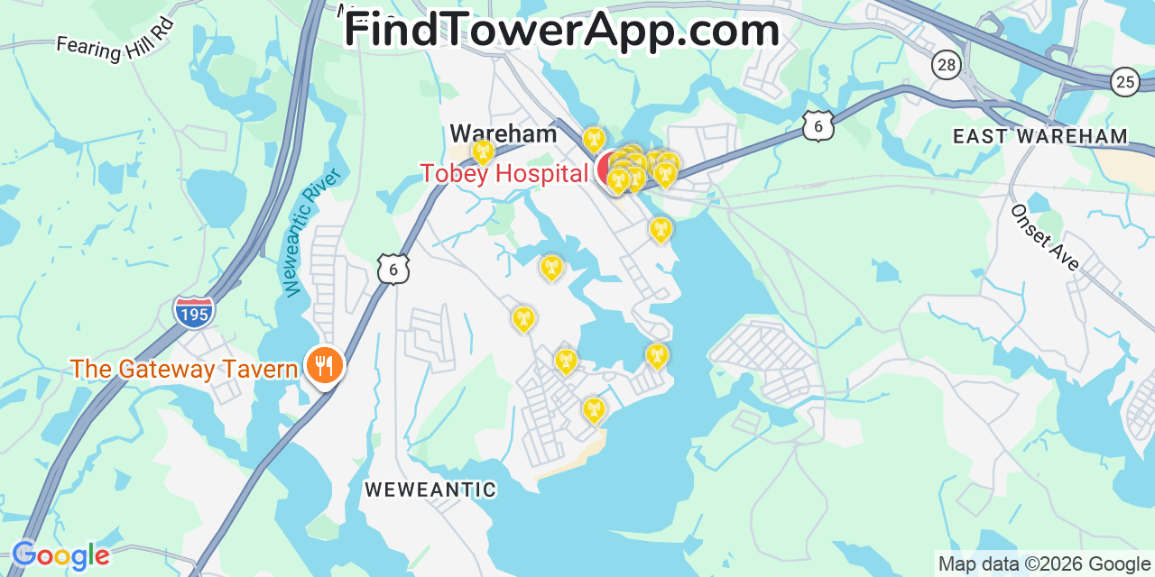 Map showing the 20 primary cell tower locations detected in Wareham Center, Massachusetts from AT&T, Verizon, and T-Mobile networks
