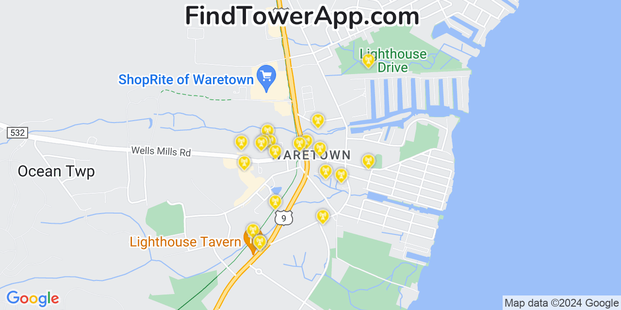 AT&T 4G/5G cell tower coverage map Waretown, New Jersey