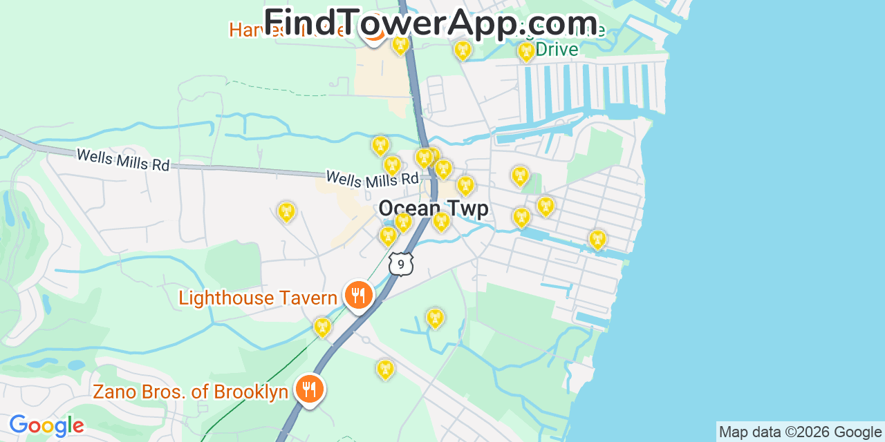 Map showing the 20 primary cell tower locations detected in Waretown, New Jersey from AT&T, Verizon, and T-Mobile networks