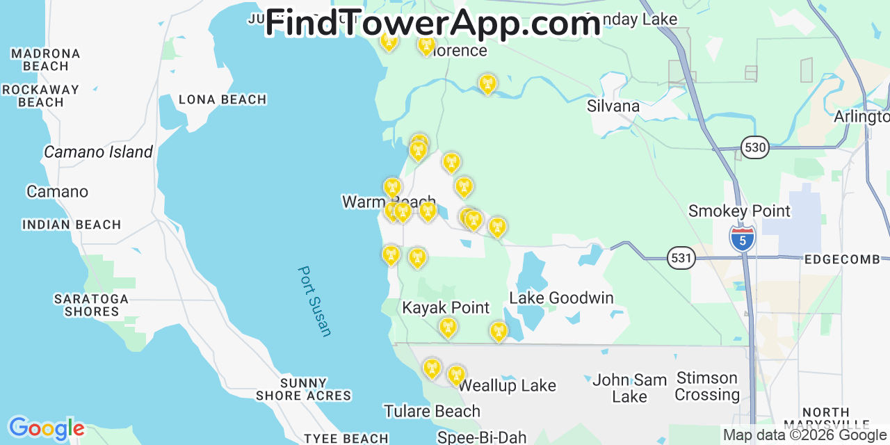 Map showing the 20 primary cell tower locations detected in Warm Beach, Washington from AT&T, Verizon, and T-Mobile networks