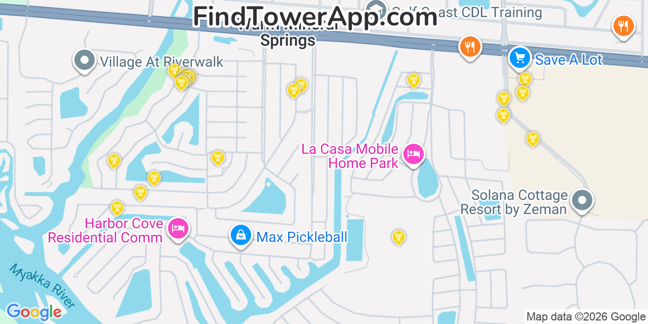 Map showing the 20 primary cell tower locations detected in Warm Mineral Springs, Florida from AT&T, Verizon, and T-Mobile networks