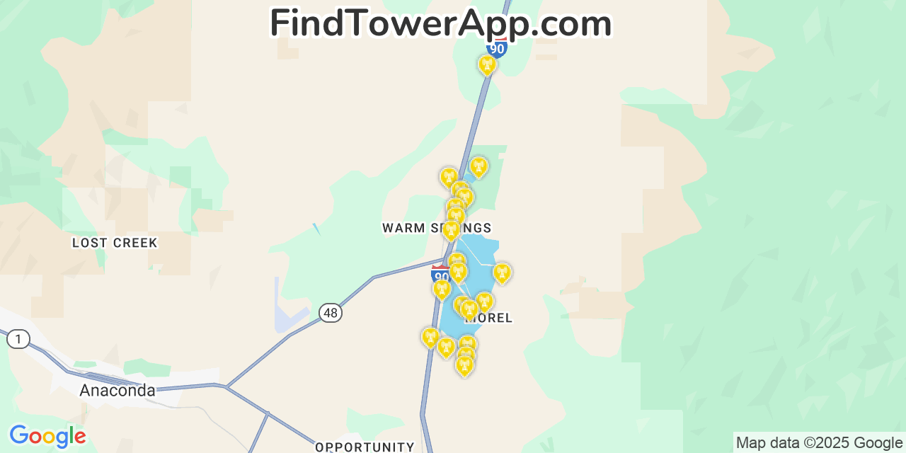 Map showing the 20 primary cell tower locations detected in Warm Springs, Montana from AT&T, Verizon, and T-Mobile networks