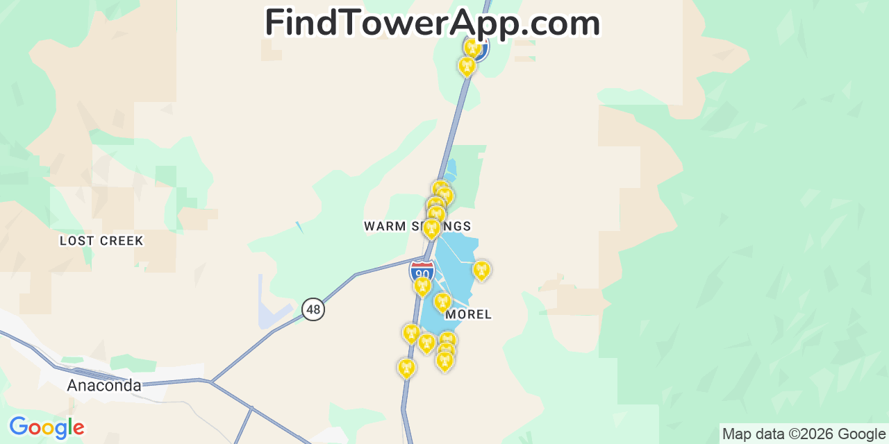 Map showing the 20 primary cell tower locations detected in Warm Springs, Montana from AT&T, Verizon, and T-Mobile networks