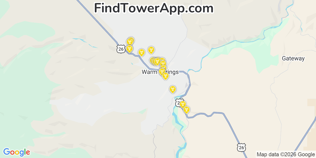 Map showing the 20 primary cell tower locations detected in Warm Springs, Oregon from AT&T, Verizon, and T-Mobile networks