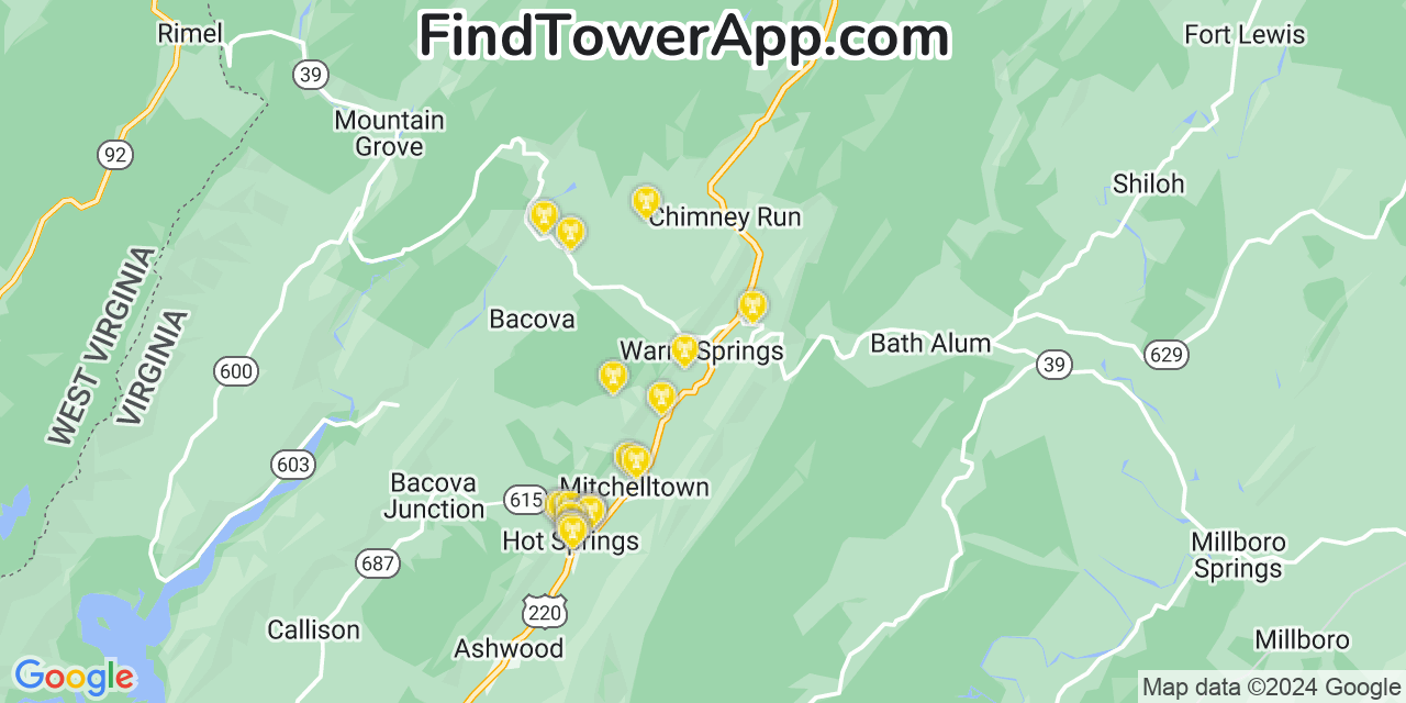 AT&T 4G/5G cell tower coverage map Warm Springs, Virginia