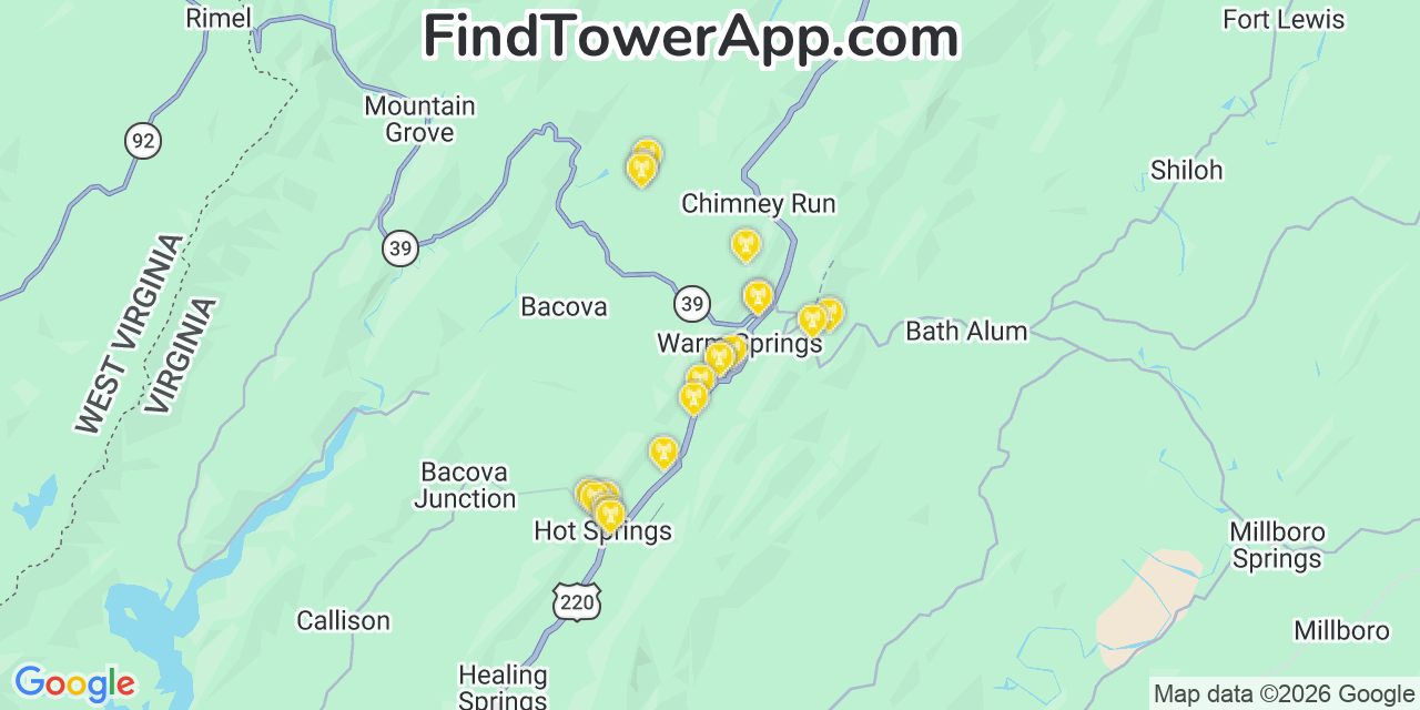 Map showing the 20 primary cell tower locations detected in Warm Springs, Virginia from AT&T, Verizon, and T-Mobile networks