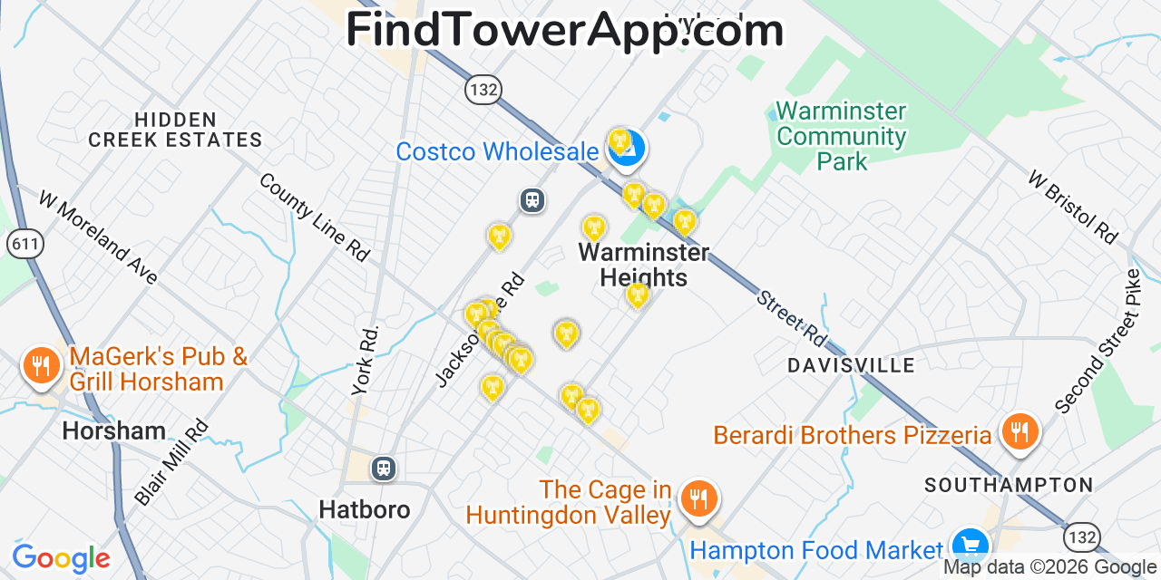 Map showing the 20 primary cell tower locations detected in Warminster Heights, Pennsylvania from AT&T, Verizon, and T-Mobile networks