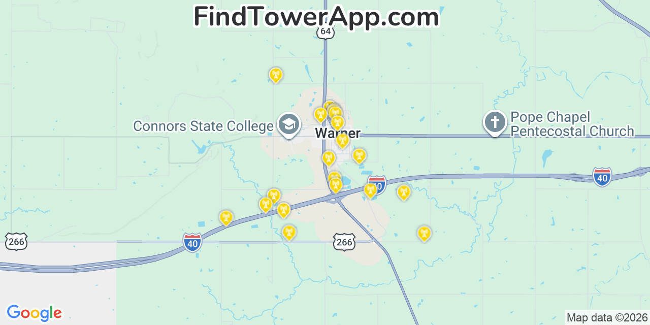Map showing the 20 primary cell tower locations detected in Warner, Oklahoma from AT&T, Verizon, and T-Mobile networks
