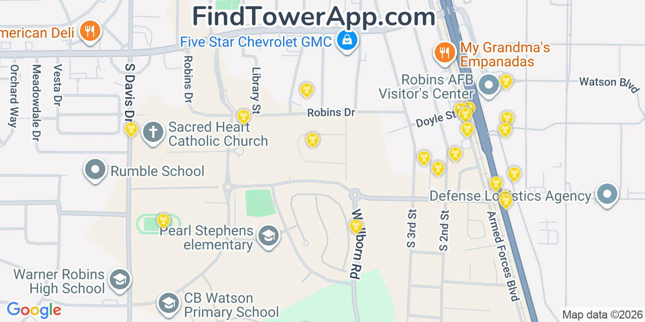 Map showing the 20 primary cell tower locations detected in Warner Robins, Georgia from AT&T, Verizon, and T-Mobile networks