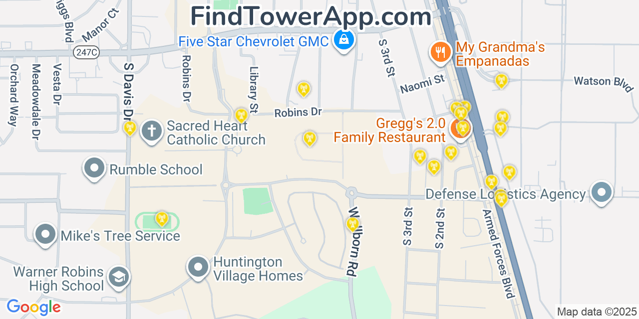Map showing the 20 primary Mobitel cell tower locations detected in Warner Robins, Georgia with coverage radius and signal strength indicators