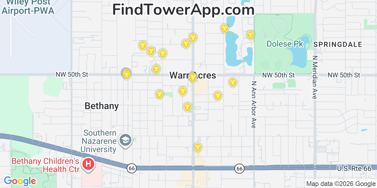 Map showing the 20 primary cell tower locations detected in Warr Acres, Oklahoma from AT&T, Verizon, and T-Mobile networks