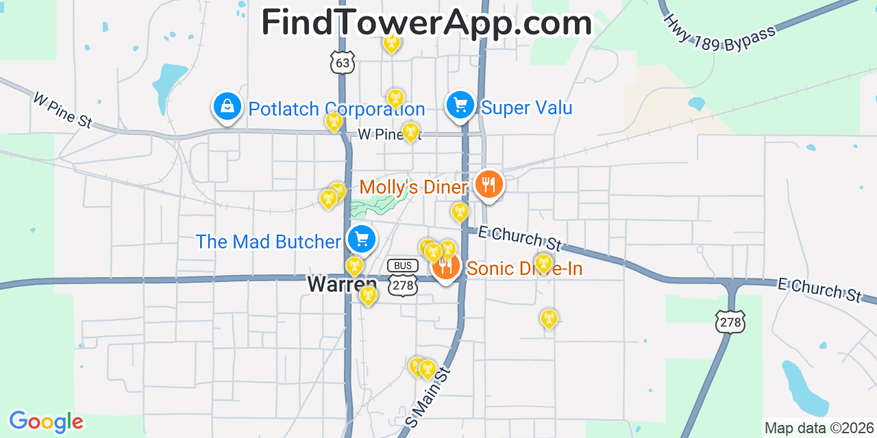 Map showing the 20 primary cell tower locations detected in Warren, Arkansas from AT&T, Verizon, and T-Mobile networks