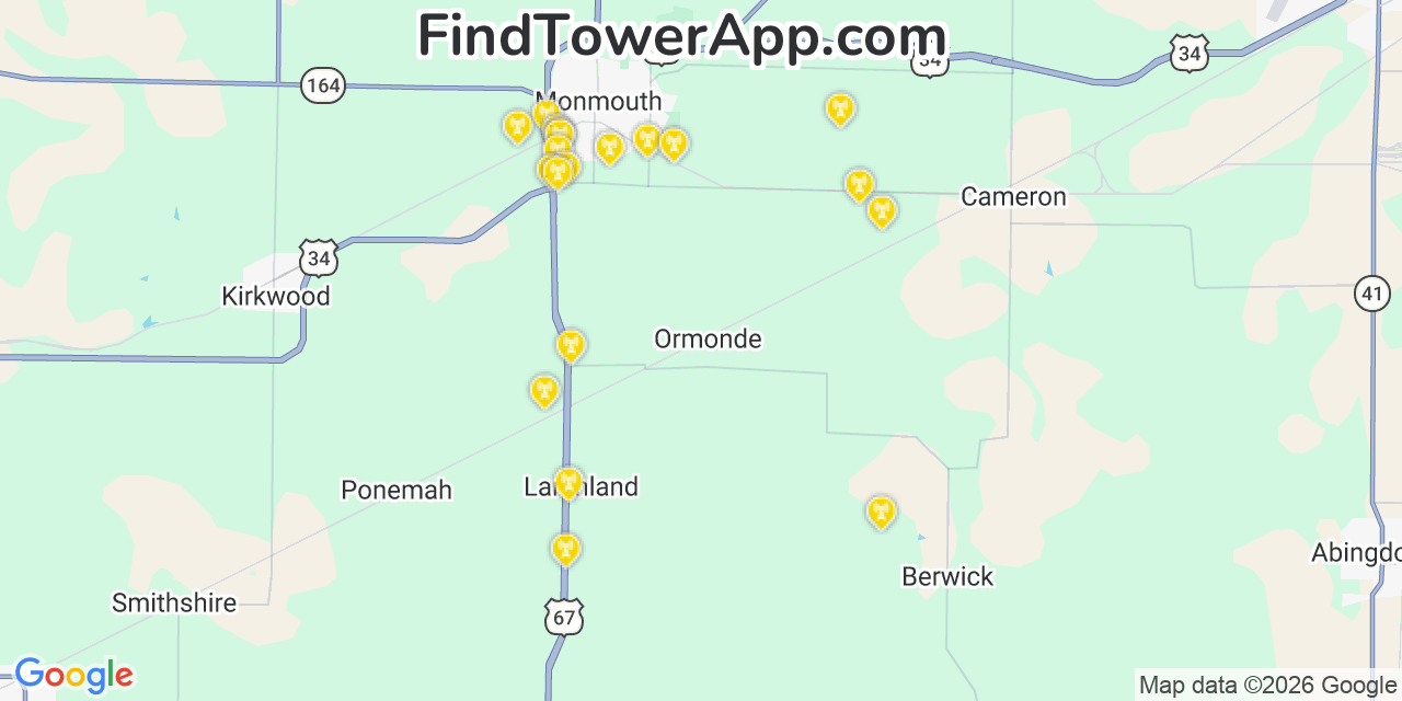 Map showing the 20 primary cell tower locations detected in Warren, Illinois from AT&T, Verizon, and T-Mobile networks