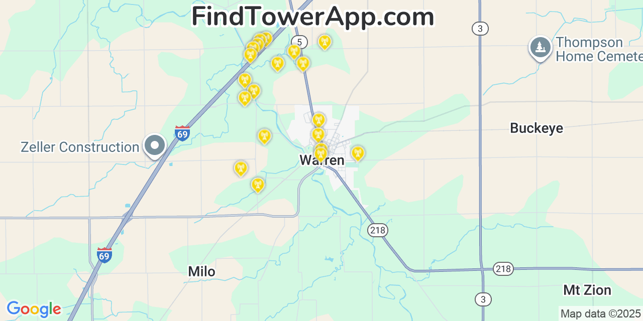 Map showing the 20 primary cell tower locations detected in Warren, Indiana from AT&T, Verizon, and T-Mobile networks