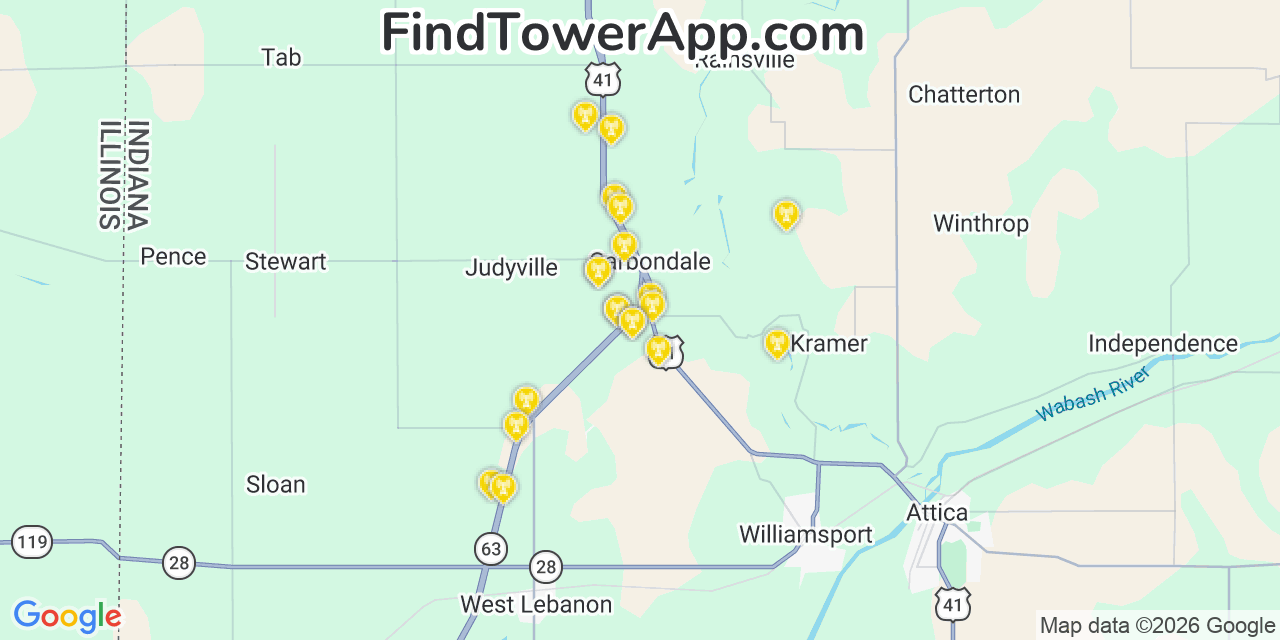 Map showing the 20 primary cell tower locations detected in Warren, Indiana from AT&T, Verizon, and T-Mobile networks