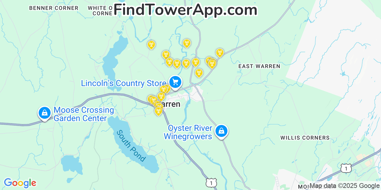 Map showing the 20 primary cell tower locations detected in Warren, Maine from AT&T, Verizon, and T-Mobile networks