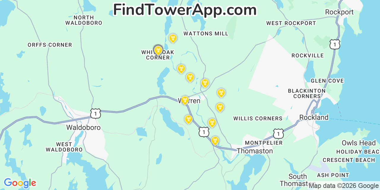 Map showing the 20 primary cell tower locations detected in Warren, Maine from AT&T, Verizon, and T-Mobile networks