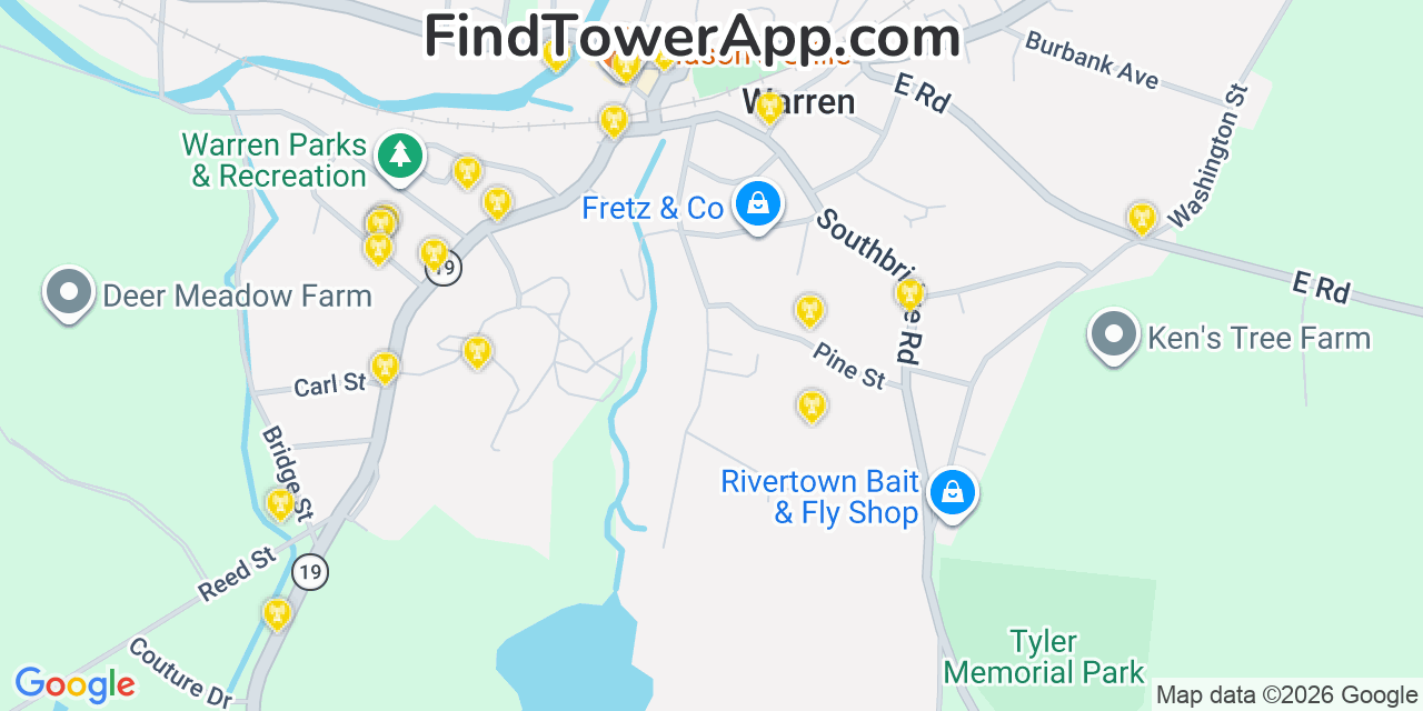 Map showing the 20 primary cell tower locations detected in Warren, Massachusetts from AT&T, Verizon, and T-Mobile networks
