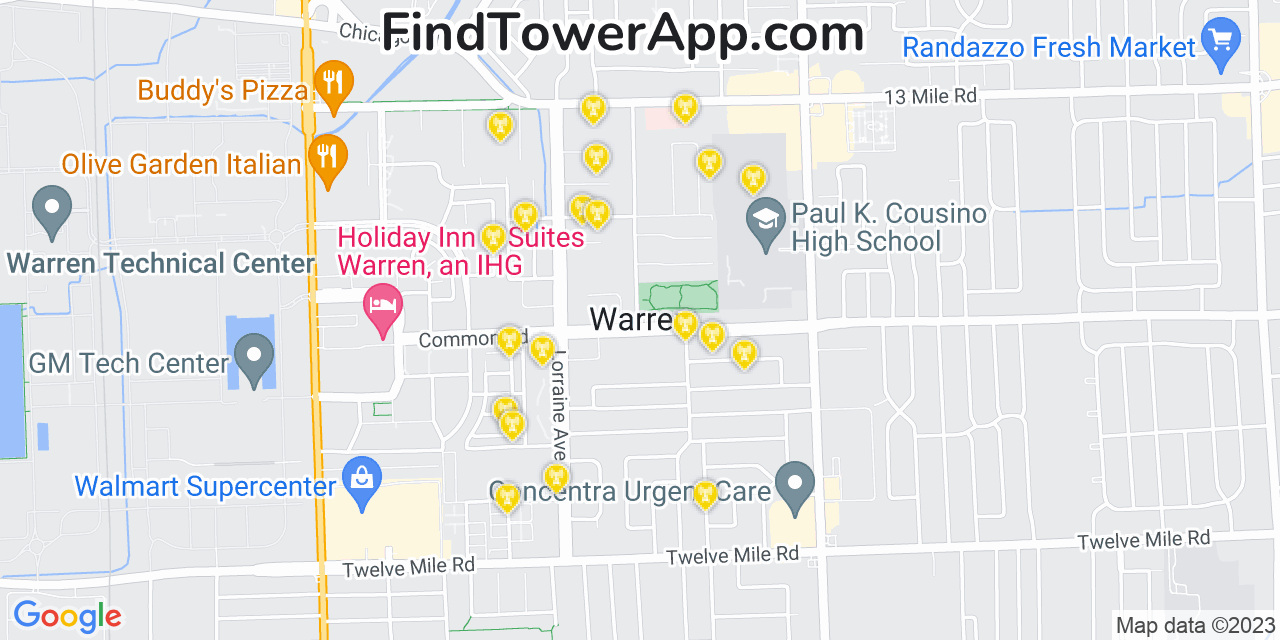 AT&T 4G/5G cell tower coverage map Warren, Michigan