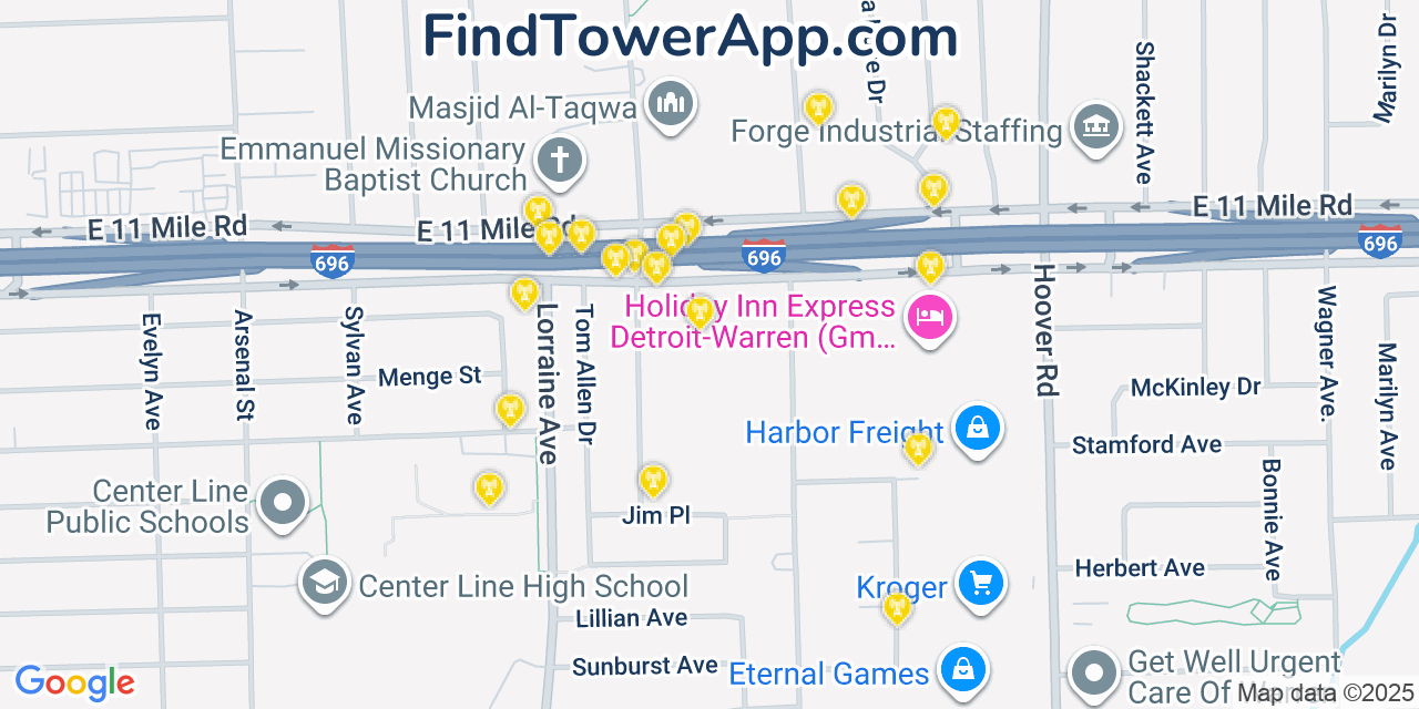 Map showing the 20 primary cell tower locations detected in Warren, Michigan from AT&T, Verizon, and T-Mobile networks
