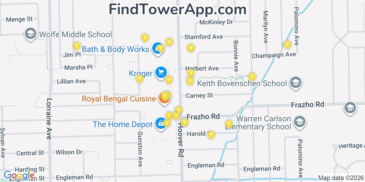 Map showing the 20 primary cell tower locations detected in Warren, Michigan from AT&T, Verizon, and T-Mobile networks