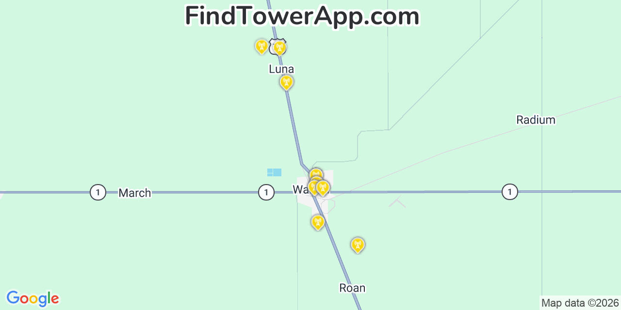 Map showing the 20 primary cell tower locations detected in Warren, Minnesota from AT&T, Verizon, and T-Mobile networks