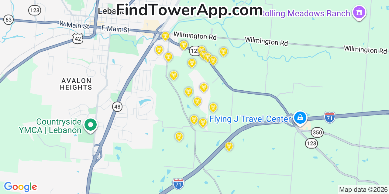 Map showing the 20 primary cell tower locations detected in Warren, Ohio from AT&T, Verizon, and T-Mobile networks