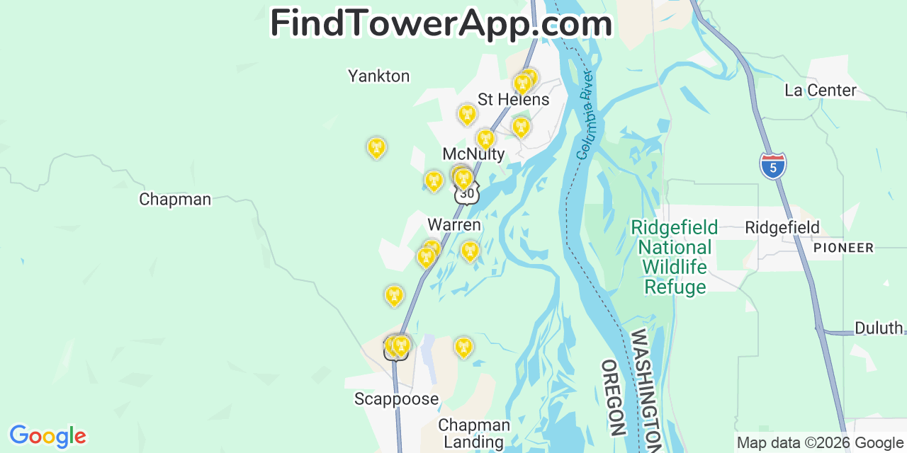 Map showing the 20 primary cell tower locations detected in Warren, Oregon from AT&T, Verizon, and T-Mobile networks