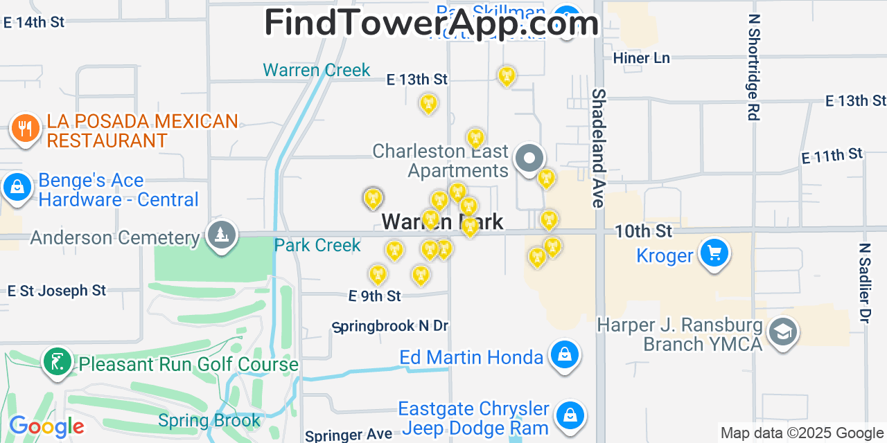 Map showing the 20 primary cell tower locations detected in Warren Park, Indiana from AT&T, Verizon, and T-Mobile networks