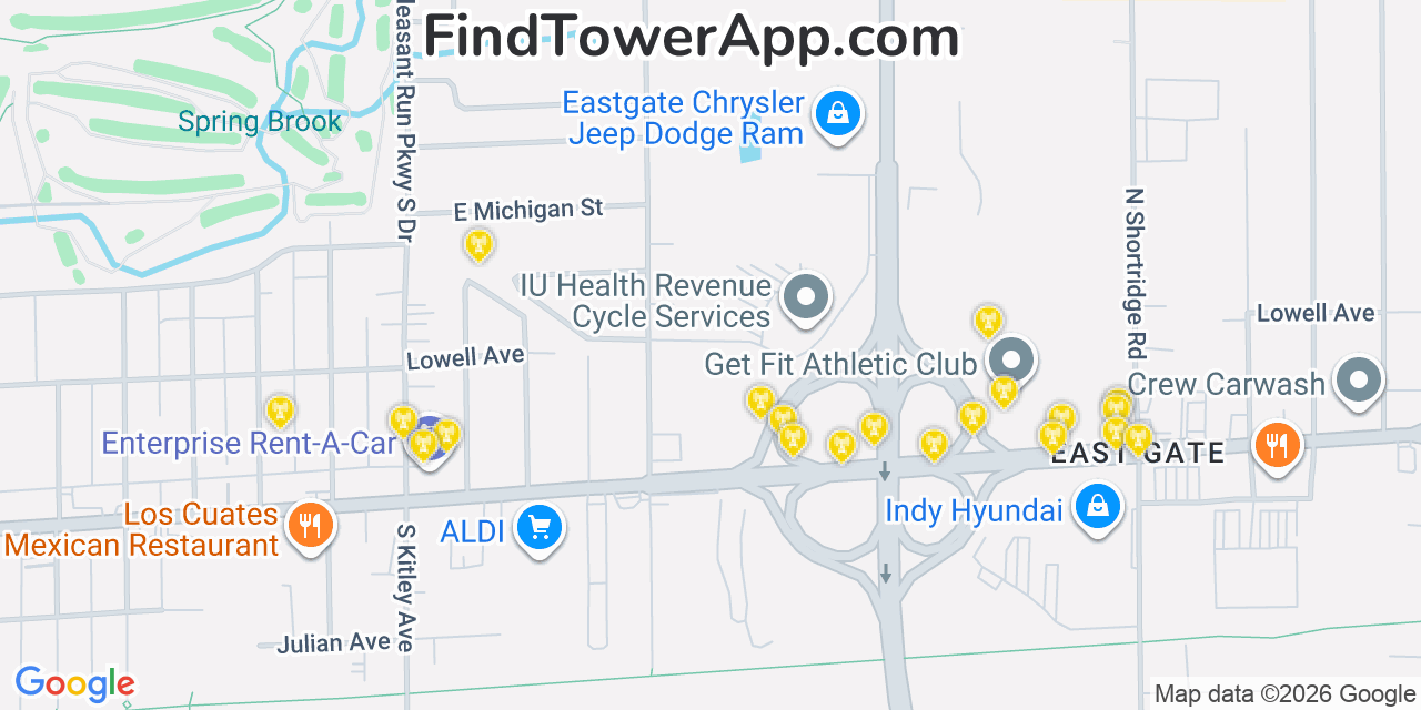 Map showing the 20 primary cell tower locations detected in Warren Park, Indiana from AT&T, Verizon, and T-Mobile networks