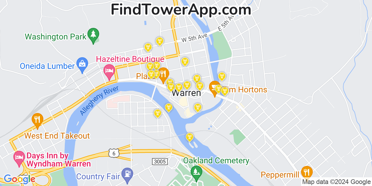 AT&T 4G/5G cell tower coverage map Warren, Pennsylvania